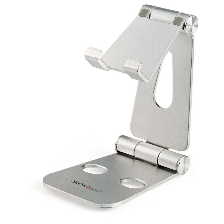StarTech.com Phone and Tablet Stand – Foldable Universal Mobile Device Holder for Smartphones & Tablets – Adjustable Multi-Angle Ergonomic – Silver