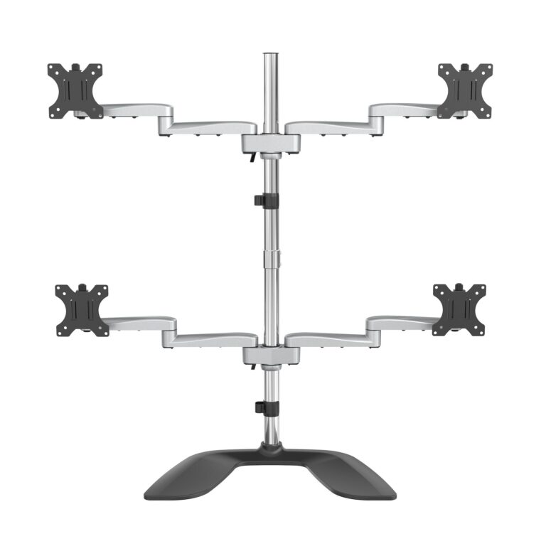 StarTech.com Desktop Quad Monitor Stand – Ergonomic VESA 4 Monitor Arm (2×2) up to 32″ (17.6lb/8kg) – Free Standing Articulating Universal – Silver