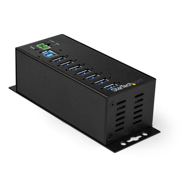 StarTech.com 7-Port USB 3.0 Hub with Power Adapter – Metal Industrial USB-A Hub with ESD & 350W Surge Protection – Din/Wall/Desk Mountable – – TAA