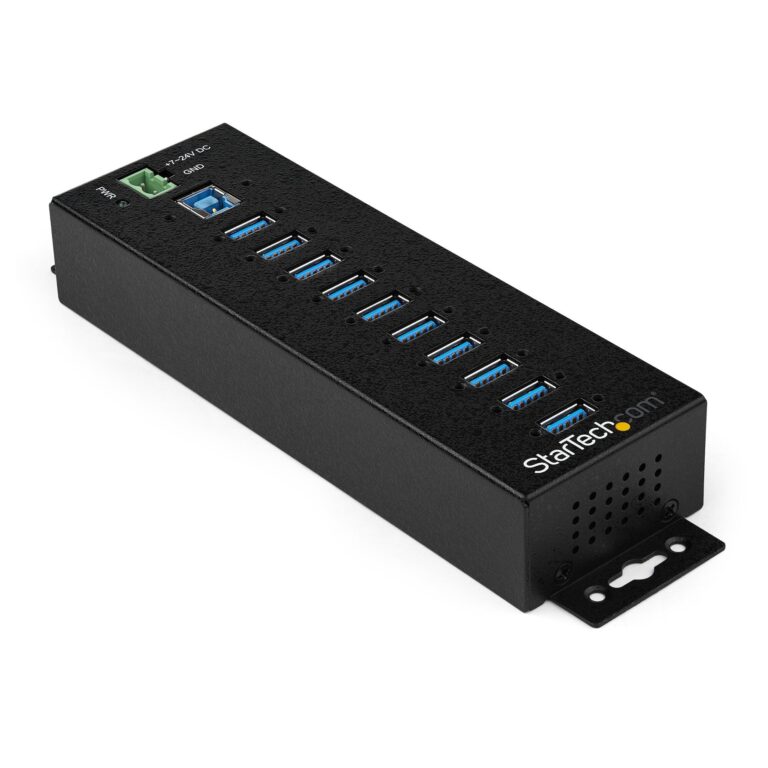 StarTech.com 10-Port USB 3.0 Hub with Power Adapter – Metal Industrial USB-A Hub with ESD & 350W Surge Protection – Din/Wall/Desk Mountable – – TAA