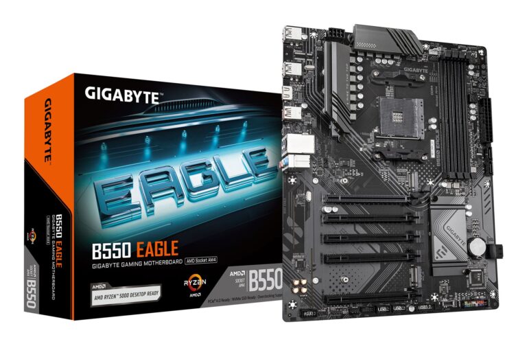 GIGABYTE B550 EAGLE – AMD Ryzen 5000 G-Series CPUs, 10+3+1 Phases VRM, up to 3200MHz DDR4, 1xPCIe 4.0 + 1xPCIe 3.0 M.2, 1GbE LAN, USB 3.2 Gen 2