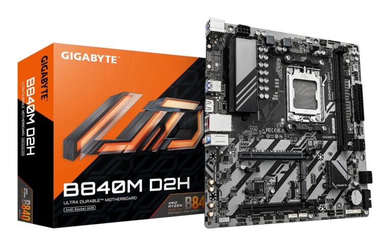 GIGABYTE B840M D2H Motherboard – AMD Ryzen 9000 CPUs, 5+2+2 Phases VRM, up to 7600MHz DDR5, 1xPCIe 4.0 + 1xPCIe 3.0 M.2, 2.5GbE LAN, USB 3.2 Gen 1