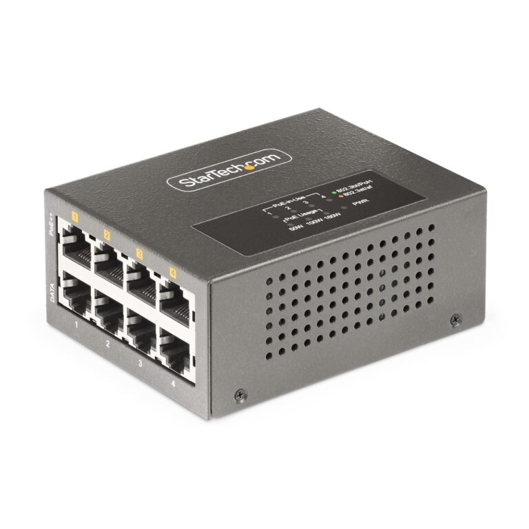 StarTech.com 4-Port Multi-Gigabit PoE++ Injector, 5/2.5/1G Ethernet (NBASE-T), PoE/PoE+/PoE++ (802.3af/802.3at/802.3bt), 160Watts Power Budget, – TAA
