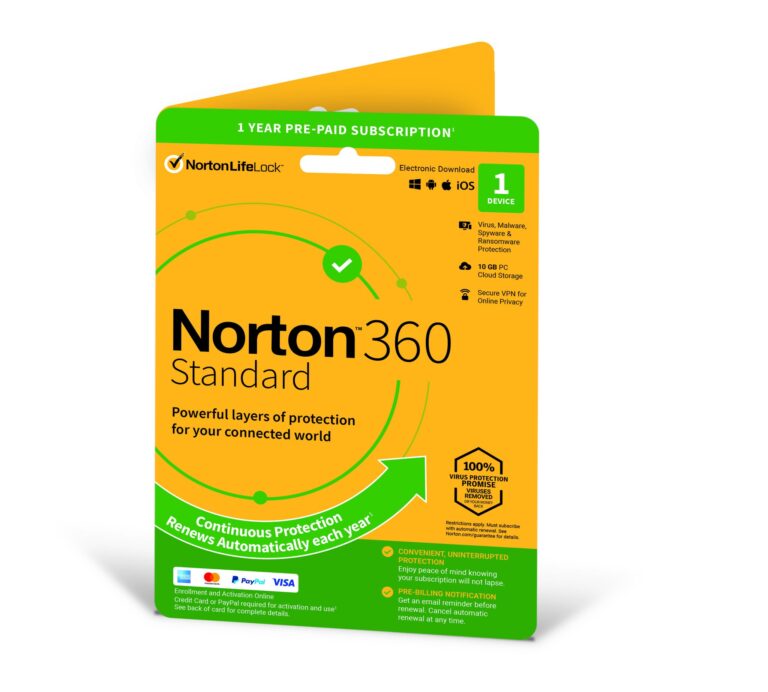Norton 360 Standard | 1 Device | 1 Year Subscription with Automatic Renewal | Includes Secure VPN and Password Manager | PCs, Mac, Smartphones and