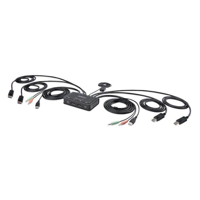 StarTech.com 2-Port Dual-Monitor DisplayPort Cable KVM Switch, 4K 60Hz, Compact KVM with 5ft/1.5m – Remote Push Button/Hotkey Switching