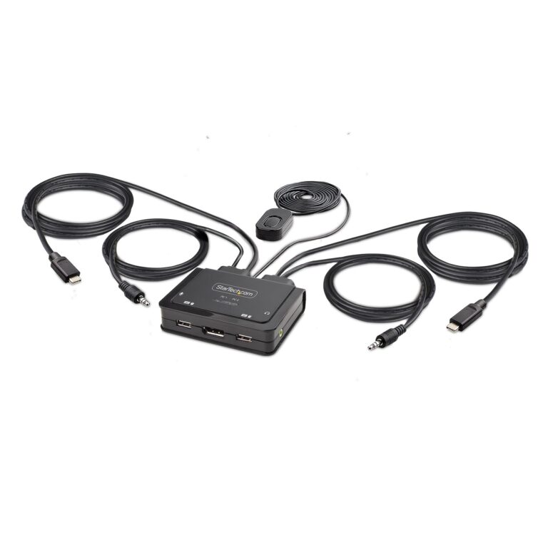 StarTech.com 2-Port USB-C Cable KVM Switch, 4K 60Hz DisplayPort Output, Compact KVM with 4ft/1.2m USB – Remote Push-Button/Hotkey Switching