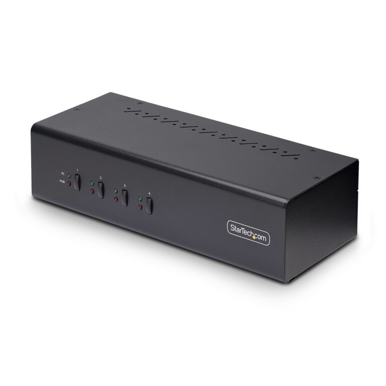 StarTech.com 4-Port Dual-Monitor DisplayPort KVM Switch, 4K 60Hz, 2x USB 5Gbps Hub Ports, 2x USB 2.0 HID Ports, Hotkey and – 3.5mm Audio, HDCP