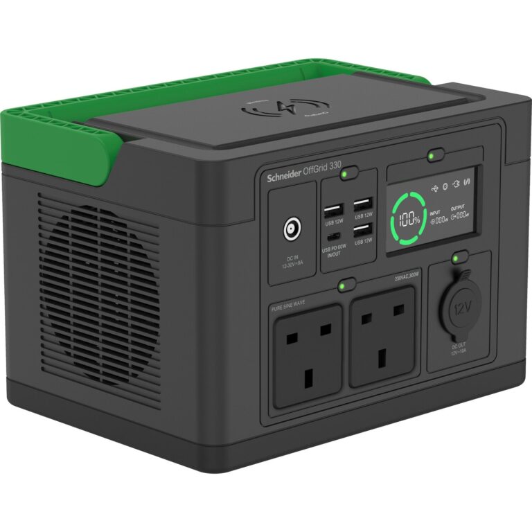 APC SE OffGrid Portable Power Station 330 – Li-Ion battery, LCD, 2x UK socket, 3x USB-A, 1x USB-C, 1x 12V, wireless charger