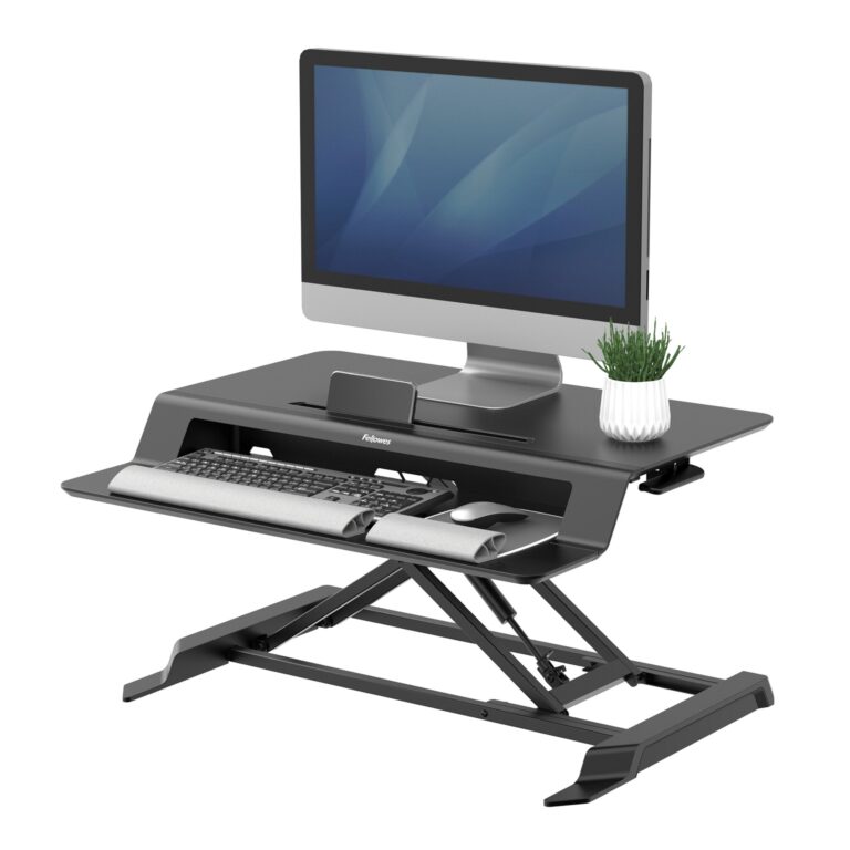 Fellowes Sit Stand Desk Riser – Lotus LT Height Adjustable Sit Stand Desk Converter with Convenient Device Channel – No Assembly Required – – Black