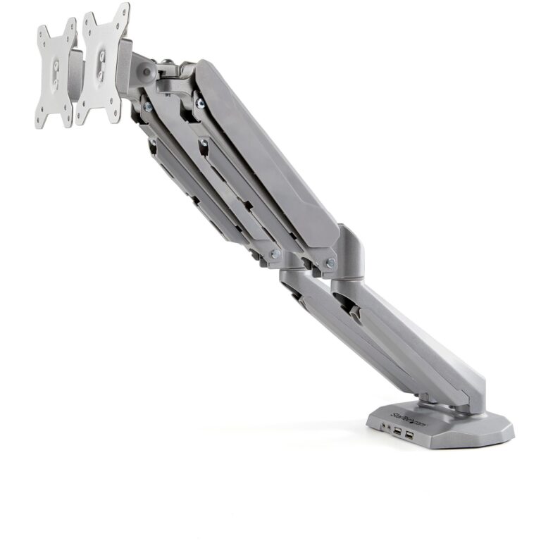 StarTech.com Desk Mount Dual Monitor Arm with USB & Audio, Desk Clamp VESA Mount for up to 32″ (17.6lb/8kg) Displays, Ergonomic Full Motion – Silver