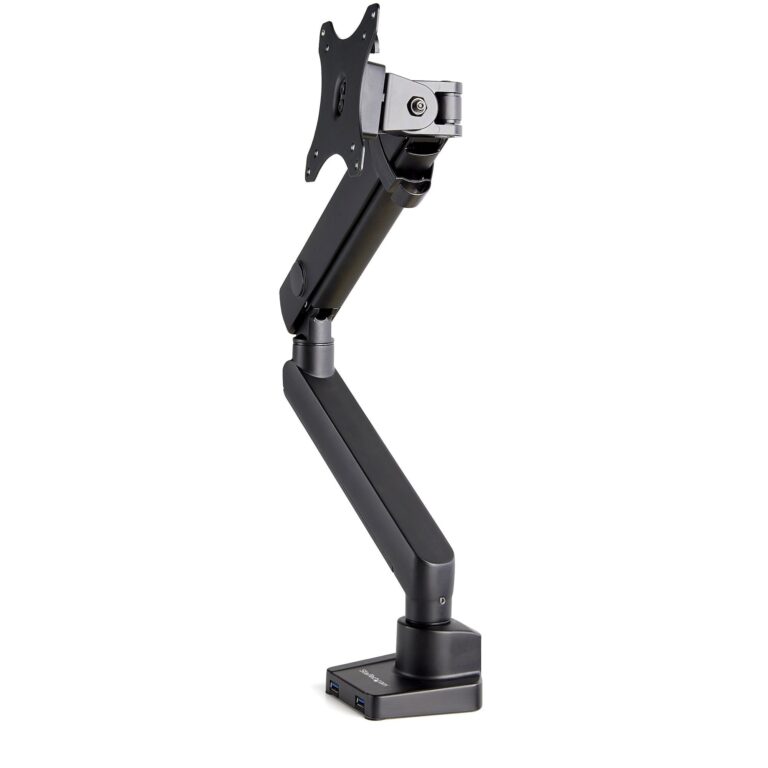 StarTech.com Desk Mount Monitor Arm with 2x USB 3.0 ports, Slim Full Motion Single Monitor Mount, up to 34″ (17.6lb/8kg) VESA Display, Clamp/Grommet
