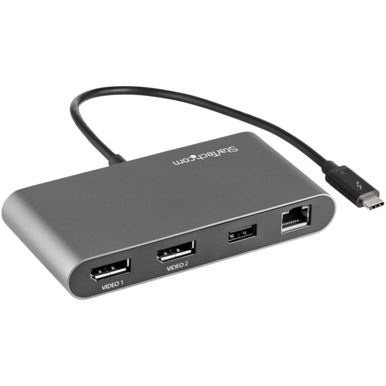 StarTech.com Dual-Monitor Thunderbolt Mini Dock, 4K 60Hz DisplayPort, Driverless Hub for Windows & Mac, Gigabit Ethernet, 1x USB-A (USB 5Gbps), 11in