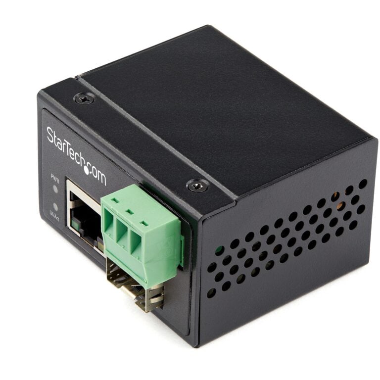StarTech.com Industrial Fiber to Ethernet Media Converter – 100Mbps SFP to RJ45/Cat6 – Singlemode/Multimode Optical Fiber to Copper Network – – TAA