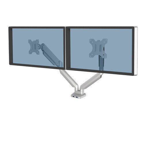 Fellowes Platinum Series Dual Monitor Arm – Monitor Mount for Two 8KG 40 Inch Screens – Adjustable Dual Monitor Desk Mount – Tilt 45° Pan – Silver
