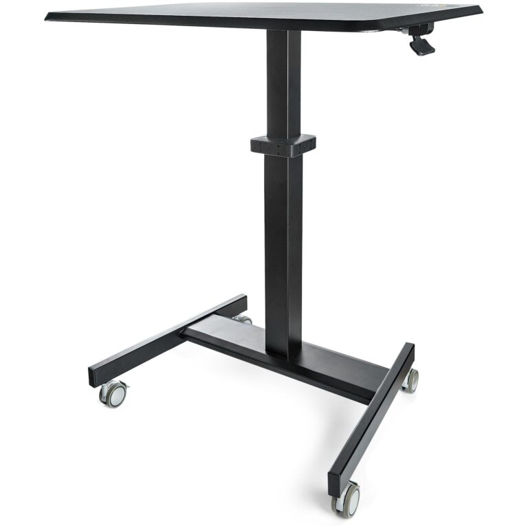 StarTech.com Mobile Standing Desk – Portable Sit Stand – Rolling Computer/Laptop Workstation Table with Locking One-Touch Lift for Teacher/Student