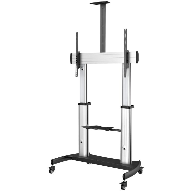 StarTech.com Mobile TV Stand – Heavy Duty TV Cart for 60-100″ Display (100kg/220lb) – Height Adjustable – Universal Television Mount w/Shelves
