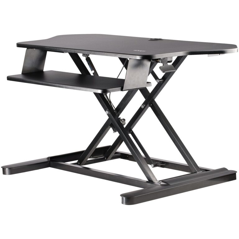 StarTech.com Corner Sit Stand Desk Converter with Keyboard Tray – Large Surface (35″ x 21″) – Height Adjustable Ergonomic Desktop/Tabletop – TAA