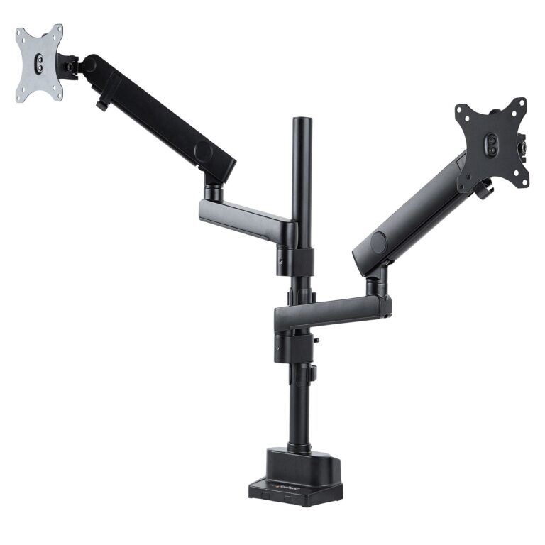 StarTech.com Desk Mount Dual Monitor Arm, Full Motion Monitor Mount for 2x VESA Displays up to 32″ (17.6lb/8kg), Height Adjustable, Clamp/Grommet
