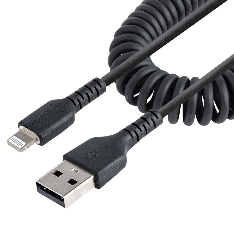 StarTech.com 50cm (20in) USB to Lightning Cable, MFi Certified, Coiled iPhone Charger Cable, Black, Durable TPE Jacket Aramid Fiber, Heavy Duty Coil