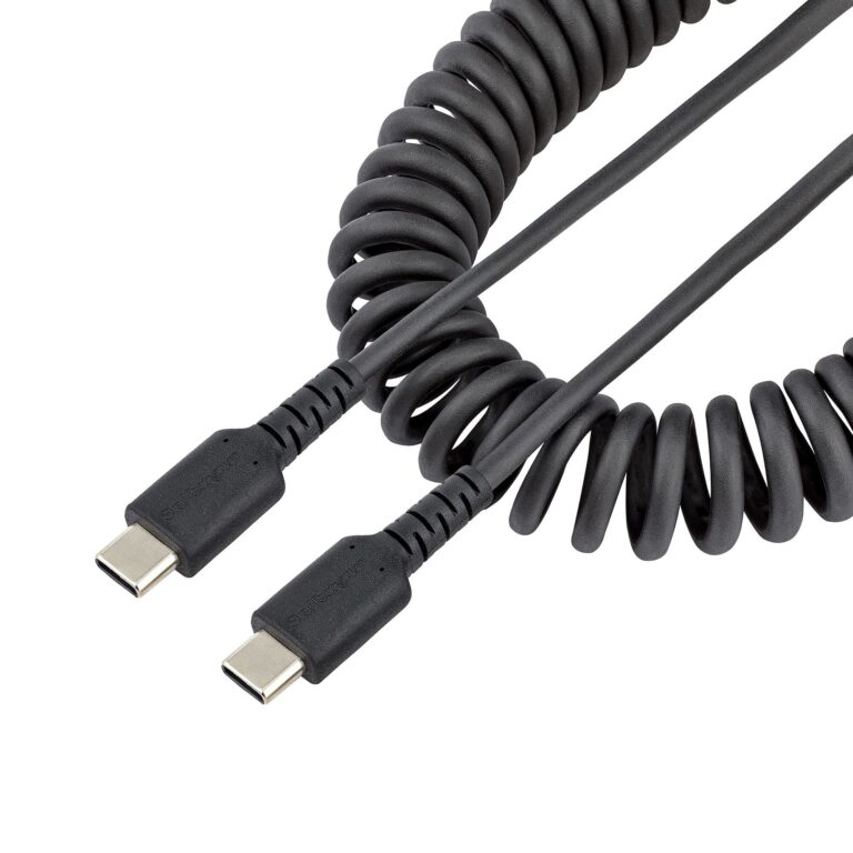 StarTech.com 1.6ft (50cm) USB-C Fast Charging Cable, Rugged, Coiled, Charge & Sync, 3A, USB 2.0, TPE Jacket and Aramid Fiber – USB C Charging Cord