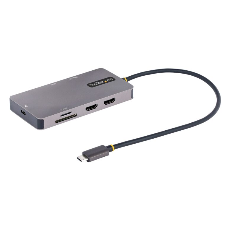 StarTech.com USB C Multiport Adapter, Dual HDMI Video, 4K 60Hz, 2Pt 5Gbps USB-A Hub, 100W Power Delivery Pass-Through/GbE/SD/MicroSD, 12″/30cm Cable,