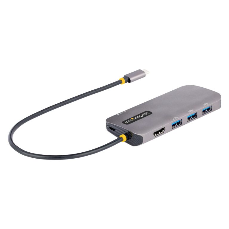 StarTech.com USB C Multiport Adapter, 4K 60Hz HDMI Video, 3 Port 5Gbps USB Hub, 100W Power Delivery Pass-Through, GbE, 12″/30cm Cable, Mini Travel