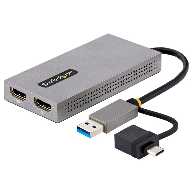 StarTech.com USB to Dual HDMI Adapter, USB A/C to 2x HDMI Displays (1x 4K30Hz, 1x 1080p), Integrated USB-A to C Dongle, 4in/11cm Cable, USB 3.0 to