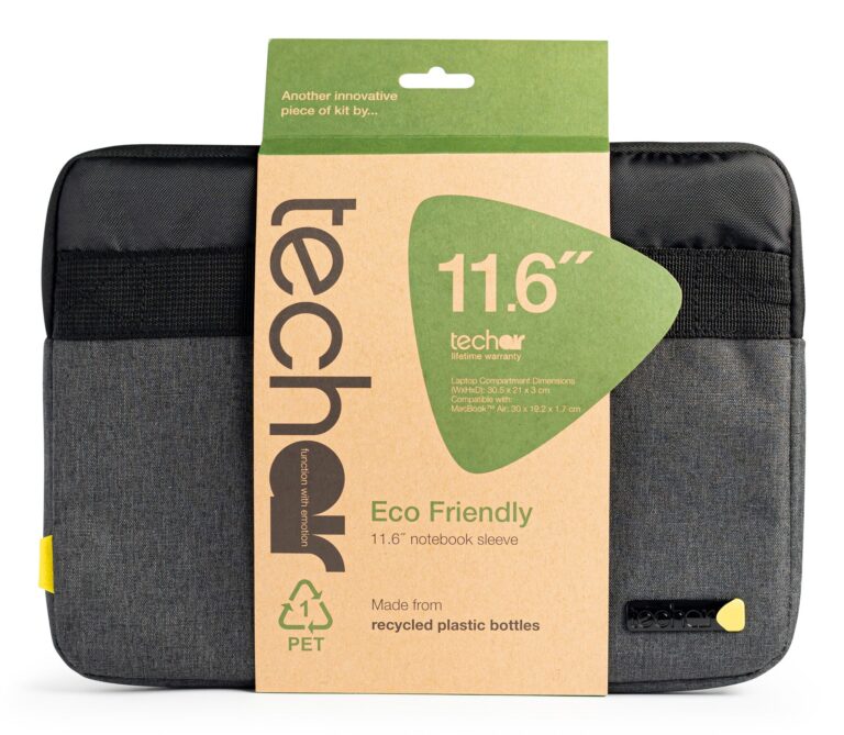 Techair TAECV007 Sustainable style for 11.6″ laptops and Chromebooks. Made from recycled bottles, the Eco Sleeve pairs eco-friendly design with