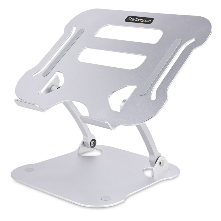 StarTech.com Laptop Stand for Desk, Ergonomic Laptop Stand Adjustable Height, Aluminum, Portable, Supports up – Angled Notebook Computer Riser/Lift
