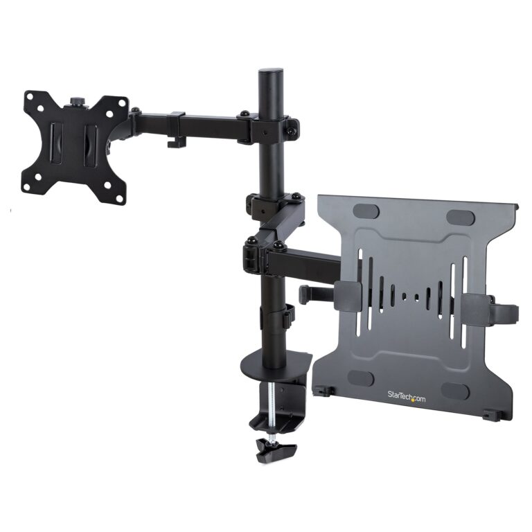 StarTech.com Monitor Arm with VESA Laptop Tray, For a Laptop (4.5kg/9.9lb) and a Single Display up to 32″ (17.6lb/8kg), Black, Vented Tray,