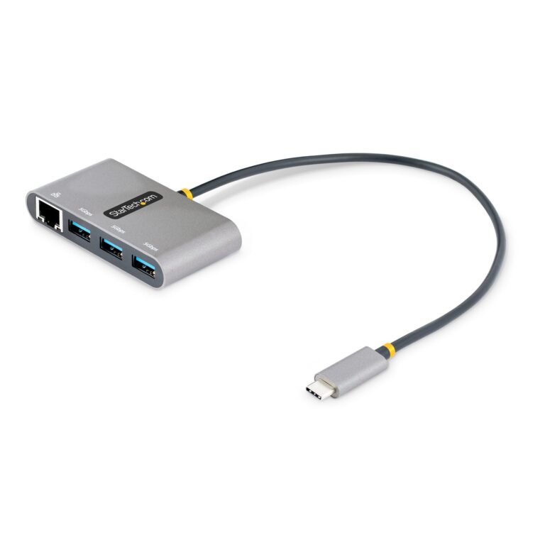 StarTech.com 3-Port USB-C Hub with Ethernet – 3x USB-A – Gigabit Ethernet – USB 3.0 5Gbps – Bus-Powered – 1ft/30cm Long – Portable USB-C to USB-A Hub