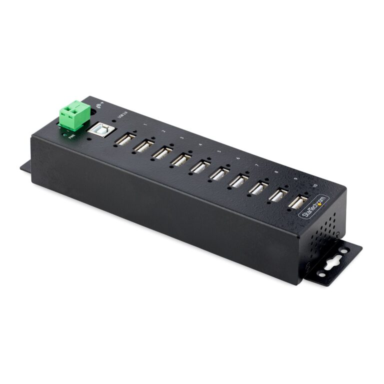 StarTech.com 10-Port Industrial USB 2.0 Hub, Rugged USB Hub w/ESD Level 4 Protection, DIN/Wall/Desk-Mountable USB-A HUB, USB Port Expander w/Lockable