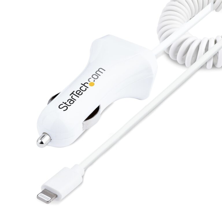 StarTech.com Lightning Car Charger with Coiled Cable, 1m Coiled Lightning Cable, 12W, White, 2 Port USB Car Charger Adapter for Phones and Tablets,