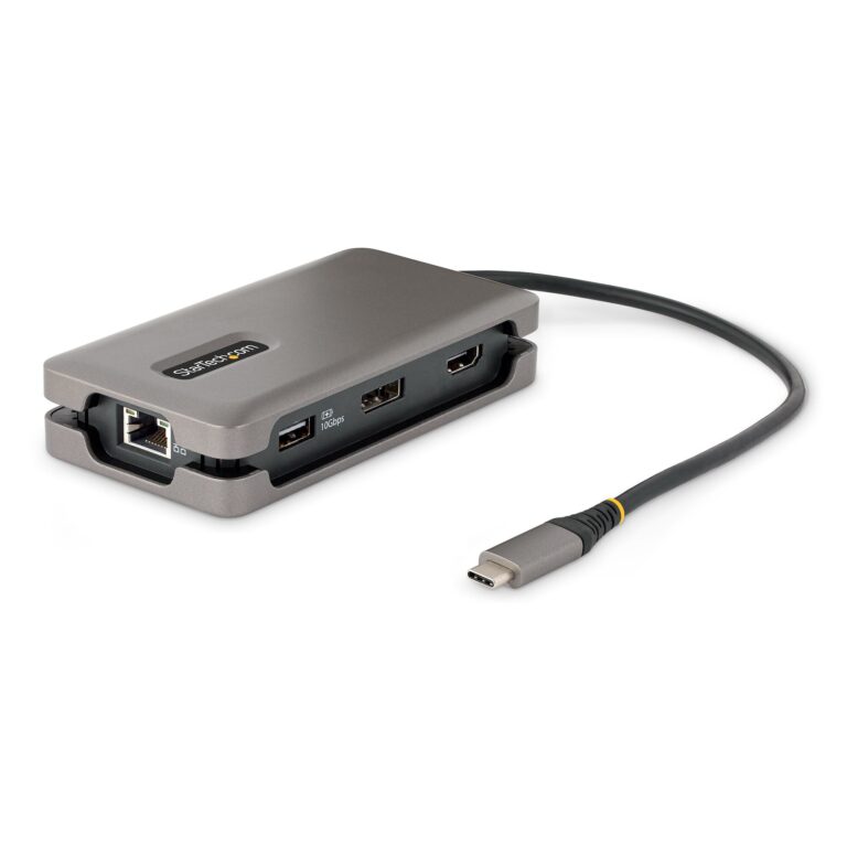 StarTech.com USB-C Multiport Adapter – 4K 60Hz HDMI/DP – 3-Port USB Hub – 100W Power Delivery Pass-Through – GbE – – 1ft/30cm Wrap-Around Cable