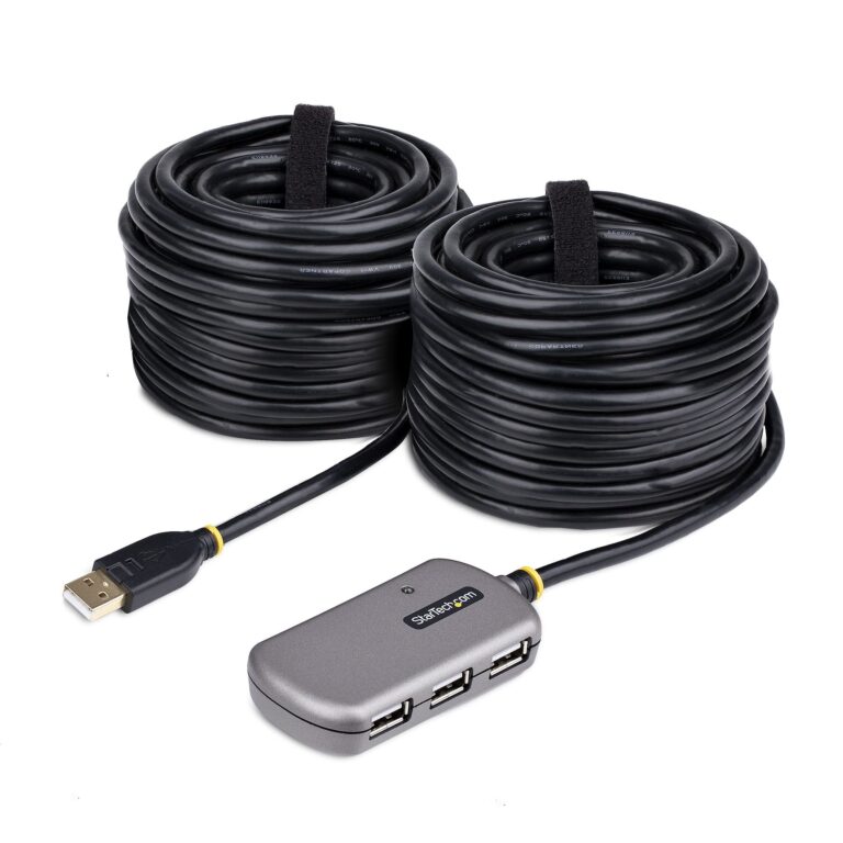 StarTech.com USB Extender Hub, 24m USB 2.0 Extension Cable with 4-Port USB-A Hub, Active/Bus Powered USB Repeater Cable, Optional 10W Power Supply