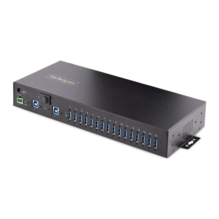 StarTech.com 16-Port Industrial USB 3.0 Hub 5Gbps, Metal, DIN/Surface/Rack Mountable, ESD Protection, Terminal Block Power, up to 120W Shared – TAA