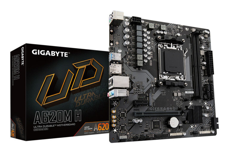 GIGABYTE A620M H Motherboard – Supports AMD Ryzen 8000 CPUs, 5+2+2 Phases Digital VRM, up to 7200MHz DDR5 (OC), 1xPCIe 4.0 M.2, GbE LAN, USB 3.2 Gen 1