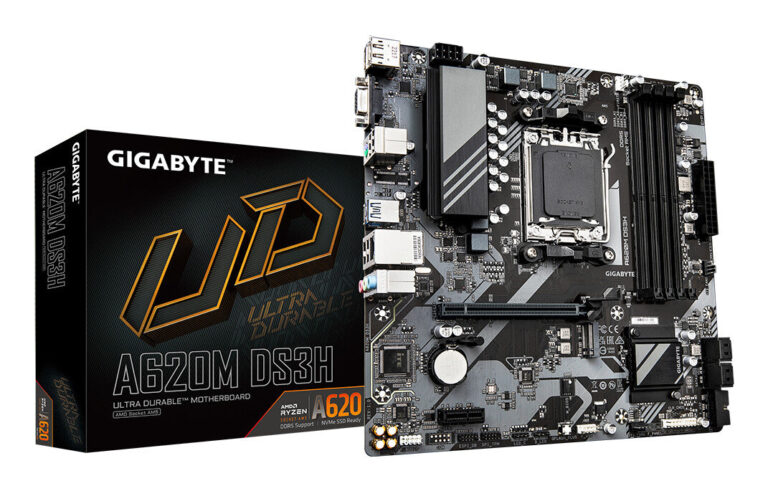 GIGABYTE A620M DS3H – Supports AMD Ryzen 8000 CPUs, 5+2+2 Phases Digital VRM, up to 7600MHz DDR5 (OC), 1xPCIe 4.0 M.2, GbE LAN, USB 3.2 Gen 1