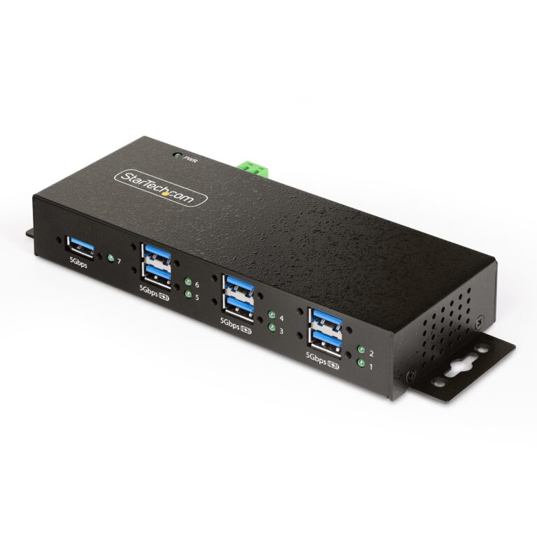 StarTech.com 7-Port Managed USB Hub with 7x USB-A, Heavy Duty with Metal Industrial Housing, ESD & Surge Protection, Wall/Desk/Din-Rail – TAA