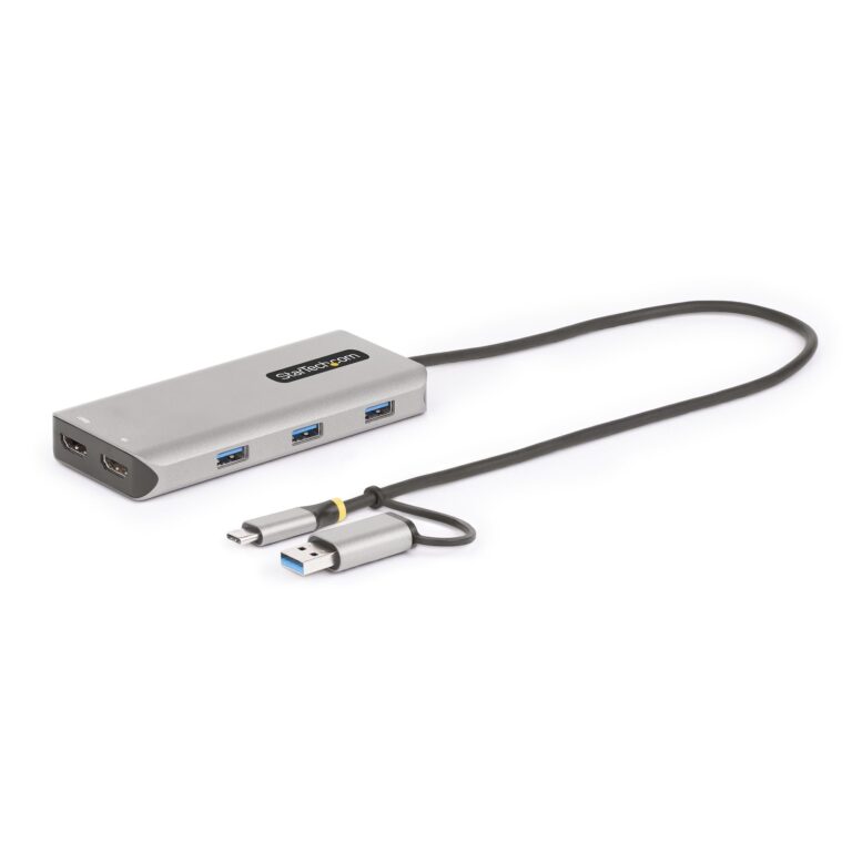 StarTech.com USB-C Multiport Adapter w/Attached USB-C to USB-A Dongle, Dual HDMI (4K30Hz/1080p60Hz), 3x USB-A 5Gbps, Mini Travel Dock, Laptop Docking