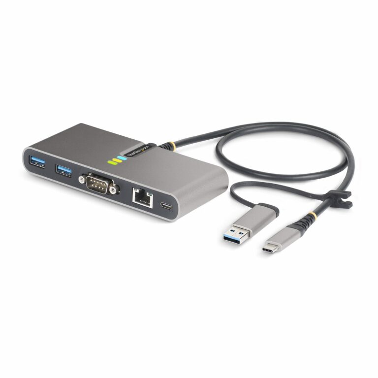 StarTech.com 2-Port USB-C Hub with Ethernet and RS-232, Attached USB-C to USB-A Dongle, 100W PD Pass-Through, 2x USB-A 5Gbps, Gigabit Ethernet, RS232
