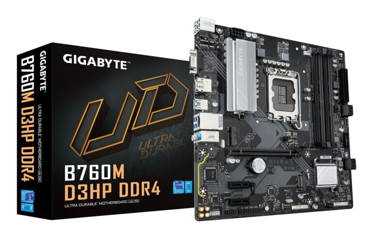GIGABYTE B760M D3HP – Supports Intel Core 14th Gen CPUs, 4+1+1 Phases Digital VRM, up to 5333MHz DDR4 (OC), 2xPCIe 4.0 M.2, GbE LAN, USB 3.2 Gen1