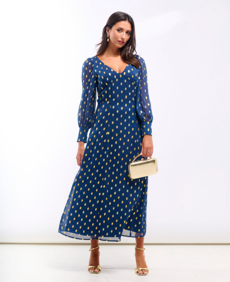 Blue Foil Chiffon Long Sleeve Midaxi Dress – 10